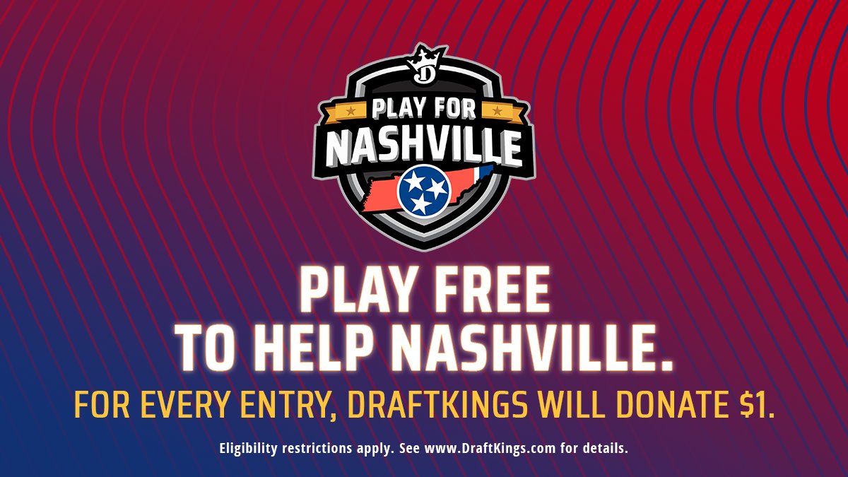 DraftKings's tweet image. Lend a helping hand to Nashville. On top of competing for DK Swag, for every player that enters tonight’s free contest, we’ll donate $1 to help residents and businesses affected by the explosion in Nashville. 

Enter here: bit.ly/3mTbG5W