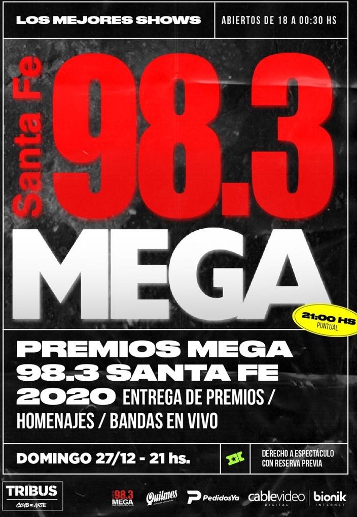 Esta noche es la gran fiesta de la radio, esta noche se entregan los premios "MEGA 98.3 SANTA FE" en <a href="/Tribusbarsf/">Tribus Bar & Arte</a>