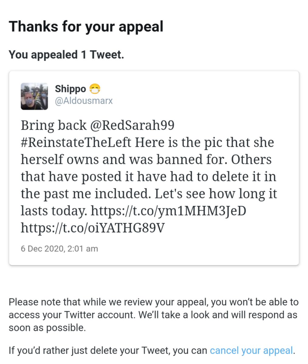Bring back  @redsarah99 (A Thread)Hey  @jack I was locked out of my account for posting an image  @redsarah99 owns & gave me permission to post of her &  @jeremycorbyn. I was told to delete but I appealed & have been locked out for the past three weeks waiting on the result.