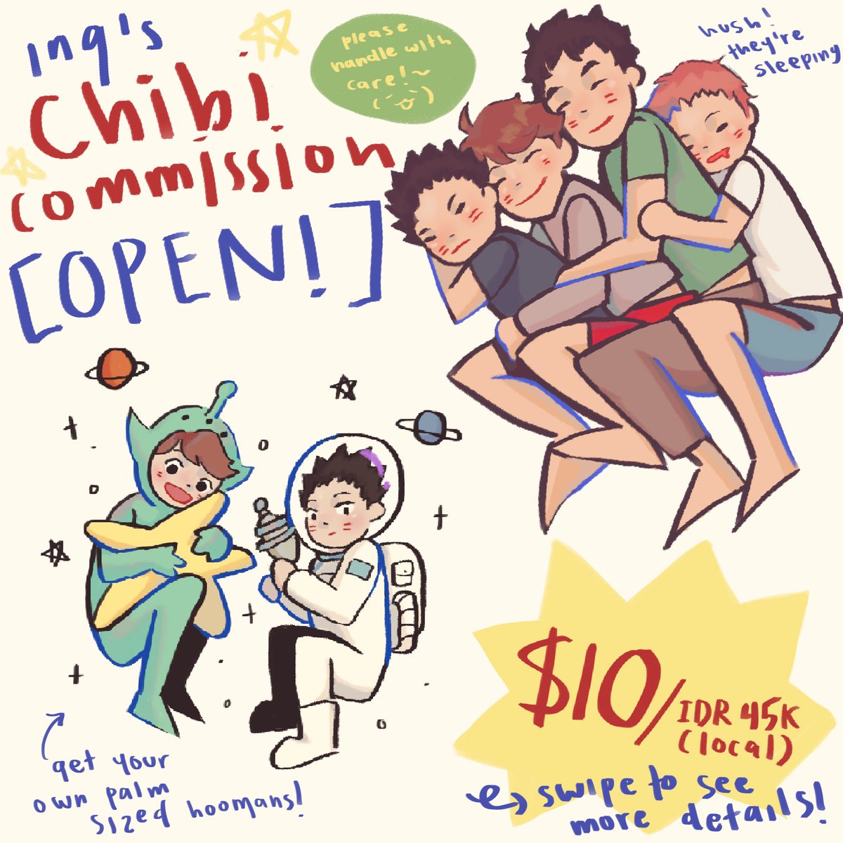 [rts appreciated!!] 

hello! im opening my first ever chibi commissions for both intl and local!! pls dm me if interested or if you have any questions!! :Dd

#commissionsopen #commissions #art 