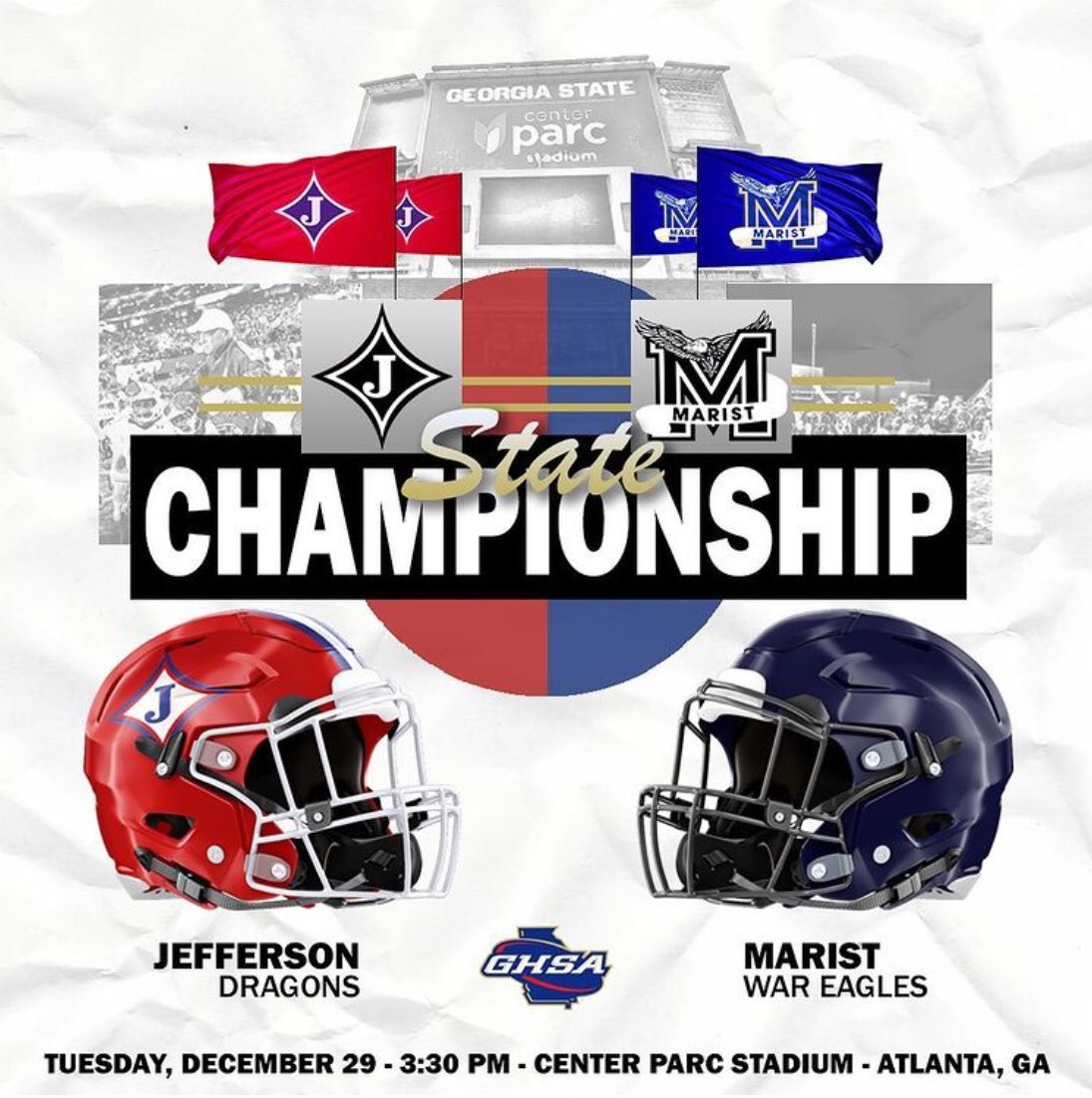 🚨🦅 #MaristFootball plays in the AAAA Football Championship This Tuesday!!

🏈• No. 1 Marist (12-0) vs No. 2 Jefferson (14-0)
⏰• 3:30pm 
📍• Center Parc Credit Union Stadium
📺 • <a href="/gpbsports/">GPB Sports</a> 
💻 • <a href="/nfhsnetwork/">NFHS Network</a>