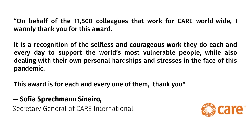 CAREGlobal's tweet photo. We are truly humbled and honoured to be a recipient of this year's Mother Teresa Memorial Award for Social Justice for our work on COVID-19.   On behalf of all our dedicated staff and partners, thank you @HarmonyOrg

Watch award presentation here: https://t.co/CR3R2tGFIx https://t.co/mnXyjhPClS