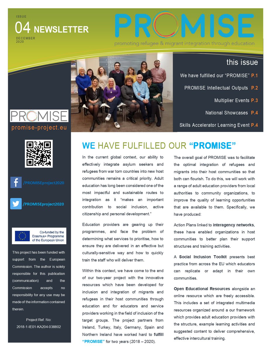 PROMISEproject2's tweet photo. The 4th issue of PROMISE newsletter (December 2020) has been released. You can also reach the final newsletter in PDF format: https://t.co/IzdGAaqGuG 

#ErasmusPlus #PROMISEproject #migrants #refugees @RoscommonLP @CEBANC @can_consulting1 @tupyom @KulturLifeKiel @caseyorla https://t.co/9SwhkOdwsq