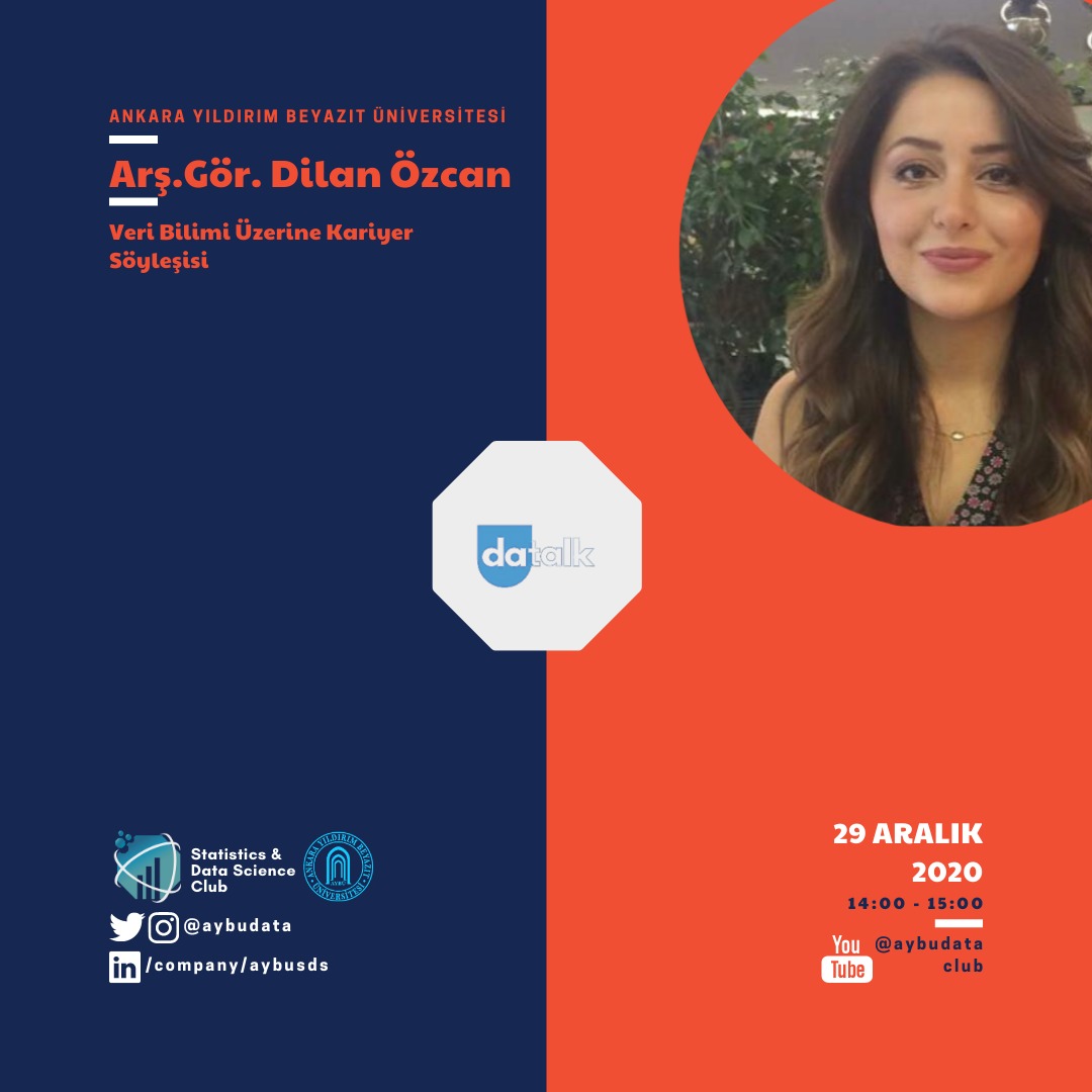 Veri Bilimi üzerine gerçekleştireceğimiz söyleşide veri biliminin öneminden, akademik kariyerimize olan katkılarında, hangi meslek gruplarına ne yönlerden hitap ettiğine değineceğiz.29 Aralık Salı günü 14:00'da Dilan Özcan'la gerçekleştireceğimiz söyleşimize sizleri bekliyoruz.