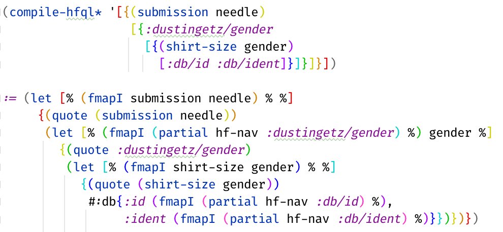 dustingetz's tweet photo. Incremental dataflow Datomic Pull compiler
#datomic #clojure #hyperfiddle
The dataflow operations are parameterized through monad/applicative typeclass. If you provide an identity monad you'd get vanilla Datomic Pull. (Plus our sexpression extensions of course) https://t.co/tsIED6B1hp