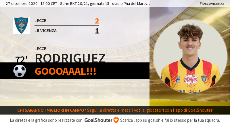 SalentoSport's tweet image. 72' #leccevicenza 2-1: Goal di Rodriguez (LECCE)! bit.ly/38yMP2m #lecvic