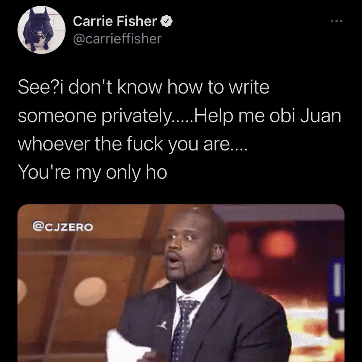 “help me obi juan whoever the fuck you are.... you’re my only ho”