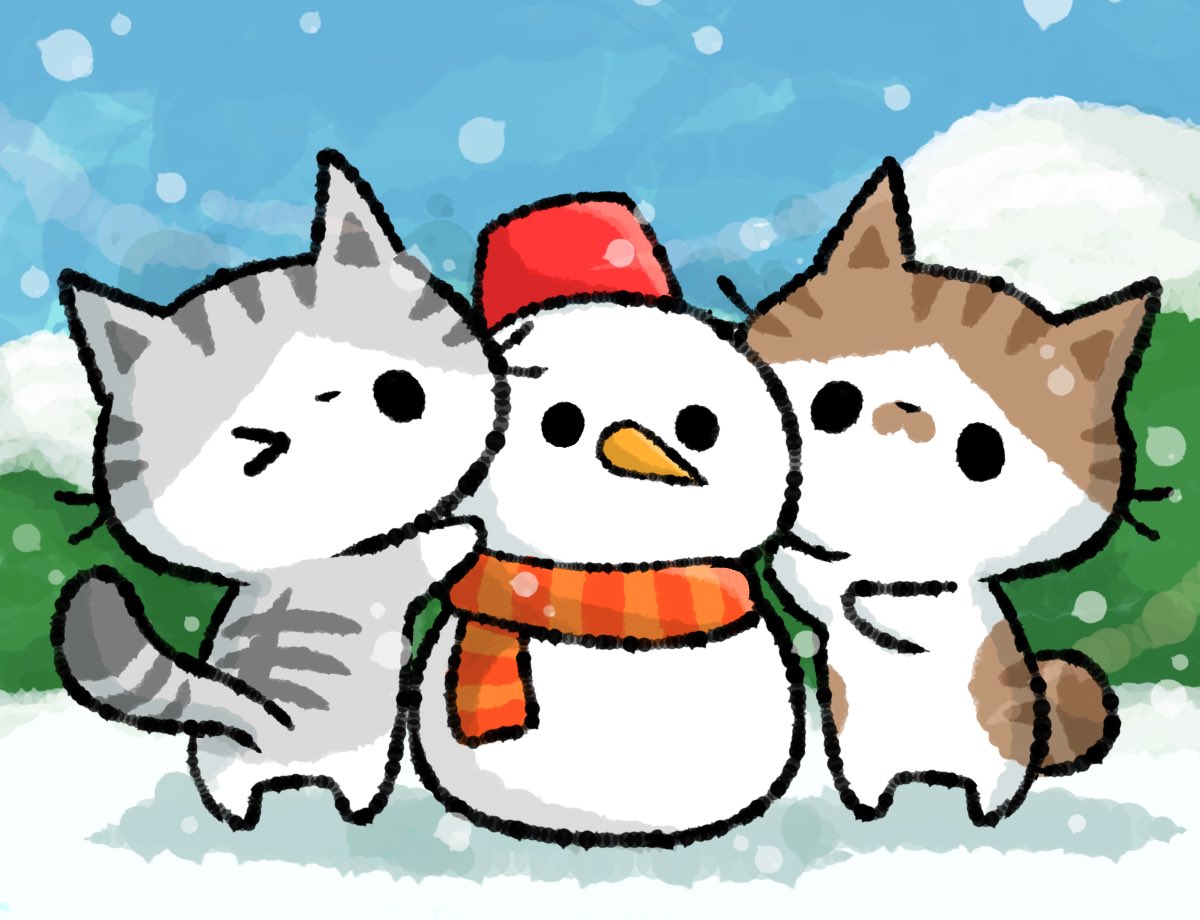 おはまじろう 雪だるま 昨日雪かきついでに大きな雪だるまを作ったら筋肉痛がヤバいです 雪だるま 冬 ねこ ネコ 猫 イラスト 猫イラスト 雪かき Cat