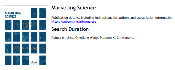 2) Search Duration by Ursu, Wang, Chintagunta ( @ralucamursu,  @pra_chintagunta). This paper provides a framework to incorporate data on search duration (rather than just identities of searched products) into a model of consumer search. Search is modeled as ... 4/