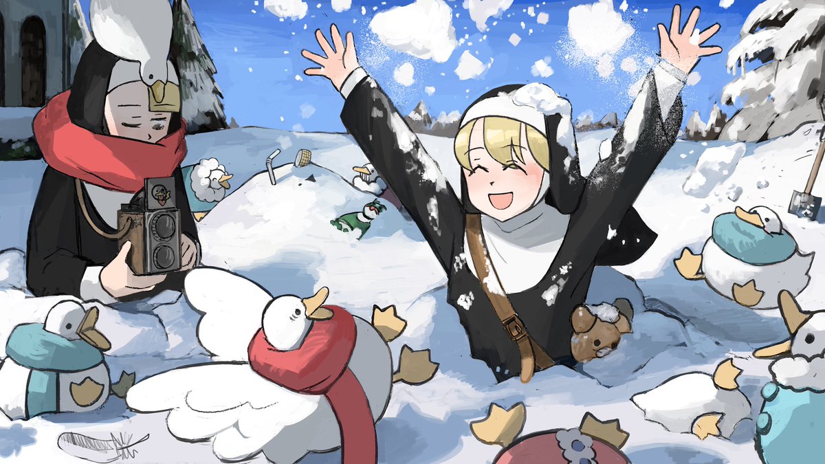 clumsy nun (diva) multiple girls blonde hair scarf duck snow nun catholic  illustration images