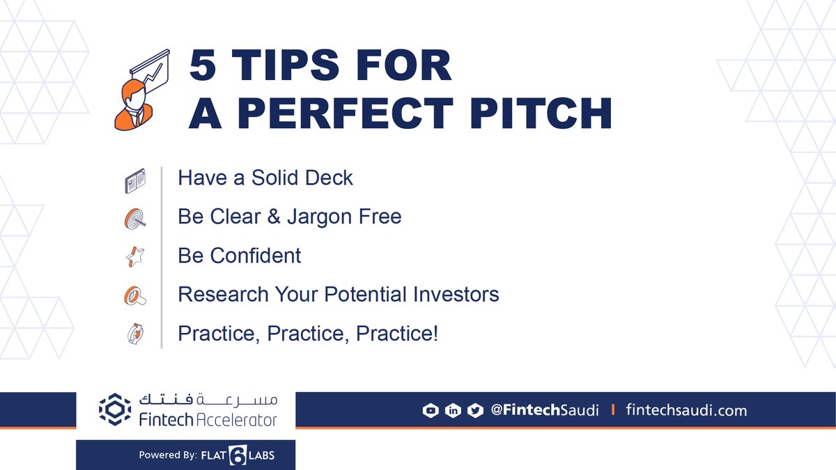 Flat6LabsAR's tweet image. #PitchPerfect: Pitching your startup to investors is never easy because more often than not, a lot hangs in the balance. Tell us how do you perfect your pitch? #FintechAccelerator