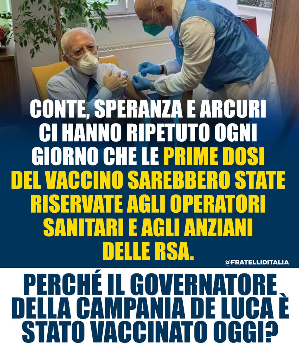 GiorgiaMeloni's tweet photo. Conte, Speranza e Arcuri dicevano che le prime dosi del #VaccinoAntiCovid sarebbero state riservate a operatori sanitari e anziani Rsa. Giusto.
Allora perché il governatore della Campania De Luca è stato vaccinato oggi? Esiste corsia privilegiata per i politici di sinistra? #VDAY https://t.co/HLu4nKEN59