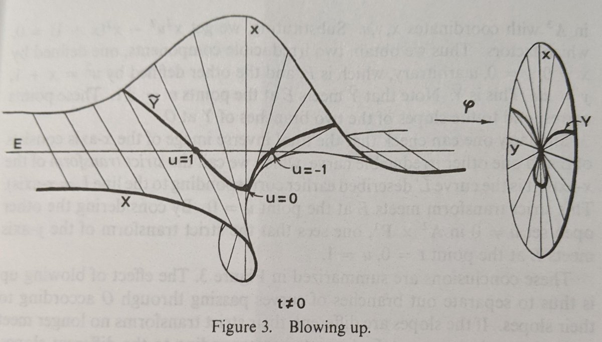For the curve we have been focusing on, this leads us to this classic picture of the blowup at the origin, from Hartshorne page 29.Y represents the curve, Y~ the blowup, E the projective line (E stands for "exceptional curve").(25/48) Alt pic: Hartshorne