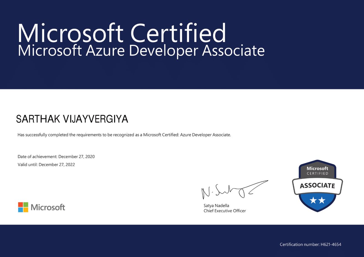 sarthakvijayver's tweet image. Today I passed Azure 204 and became @Microsoft @Azure certified developer. #az204 #azuredeveloper