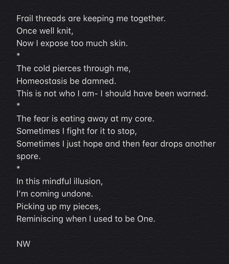 NeuronalWriting's tweet photo. D a y < 100 + 18 >
#poetry #APoemADay #undone #sadpoetry #darkpoetry #writers https://t.co/ocKXL1ksPx