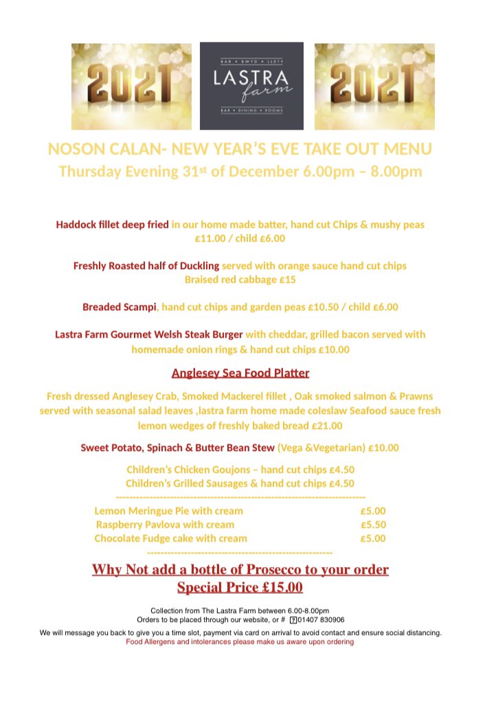LastrafarmHotel's tweet photo. Tecawe  Nos Calan. Ewch i'n gwefan i roi eich archeb, gallwch gysylltu â ni trwy Facebook .

⏩⏩ https://t.co/0nPKHT7W3U…

New Year’s Eve Takeaway . Visit our website to place your order or through Facebook.
@LastrafarmHotel #Anglesey #NewYear2021  #takeaway https://t.co/60eZn0IMeP