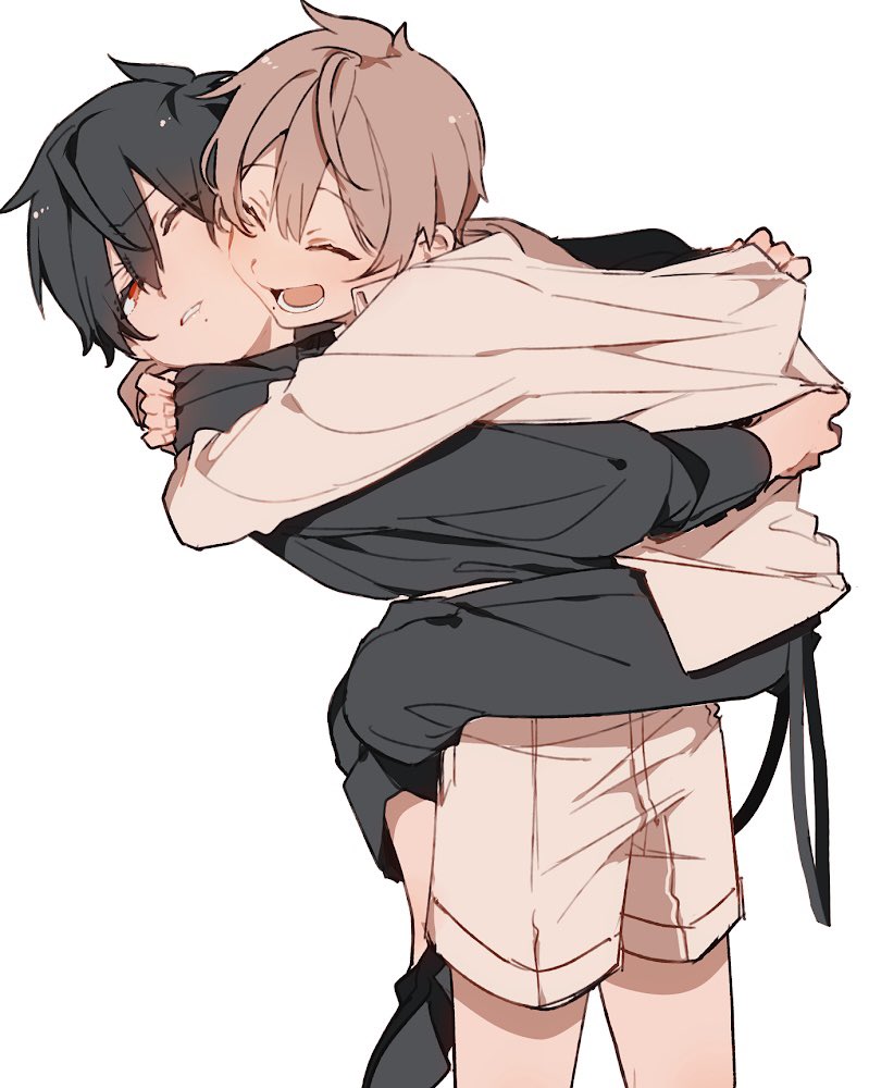 2boys multiple boys male focus black hair closed eyes white background hug  illustration images