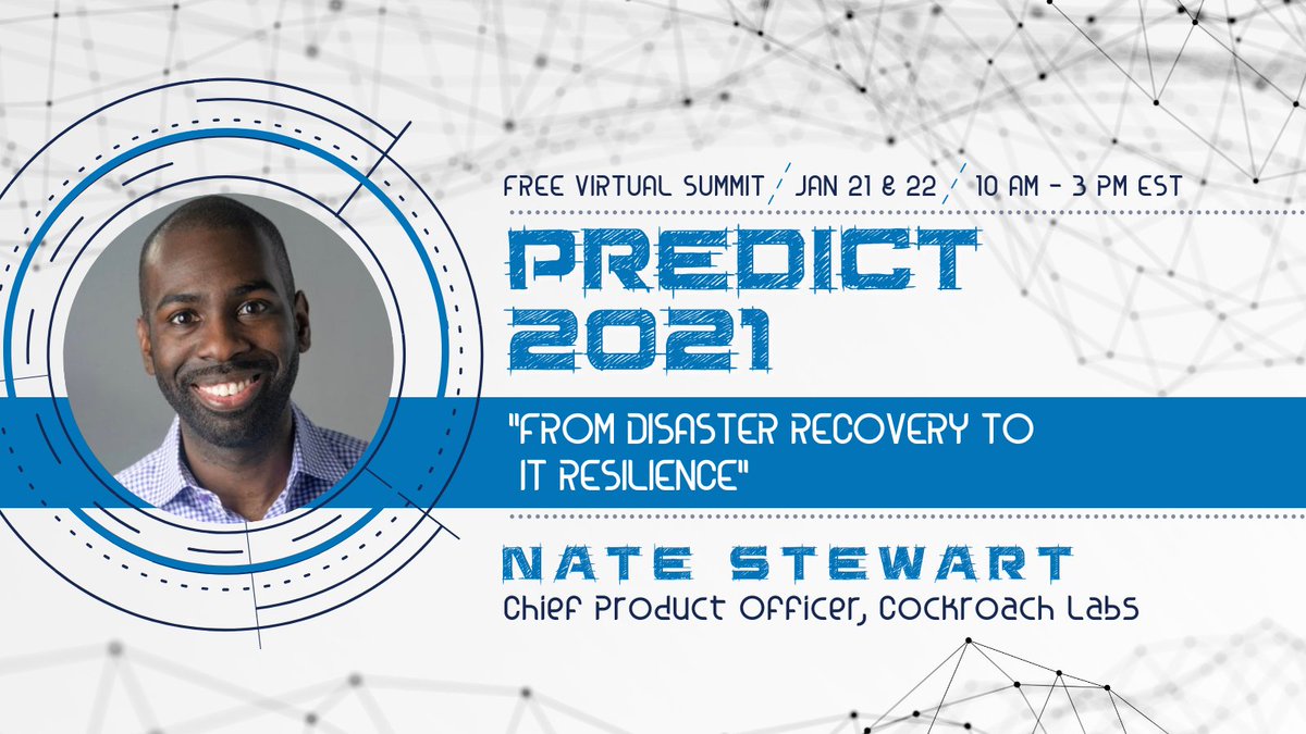 TechstrongGroup's tweet image. Disaster recovery is a thing of the past. As of 2021, Nate Stewart of @CockroachDB, predicts that IT resilience will become the key to business continuity in his session, “From Disaster Recovery to IT Resilience,” at #Predict2021. Join for free at: bit.ly/34AgaIF