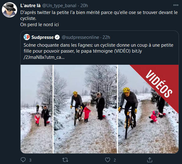  #VeloFakeOFF  #VFO006La cyclosphère a-t-elle réellement défendue (et massivement) le cycliste ayant donné un coup de genou à une fillette comme l'affirment plusieurs  #AntiVélos ? FactCheckons !1/11