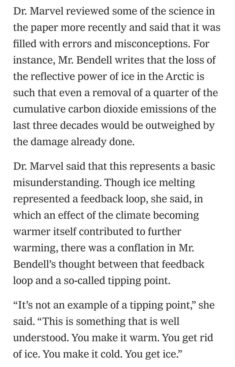 Bendell is just repeating world-leading climatologist V.Ramanathan's research in conjunction with the Scripps Institute  https://scripps.ucsd.edu/news/research-highlight-loss-arctics-reflective-sea-ice-will-advance-global-warming-25-yearsKate Marvel responds with the outrageous obfuscation of a straw man argument completely unrelated to what Bendell said.