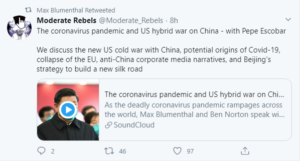 Now, all the above theorists have been documented by myself and others on this site researching "multipolar" conspiracy theory networks. They tend to toe the same line generally: Syrian chemical weapons denial, MH17 denial, Xinjiang camps denial. See for instance: