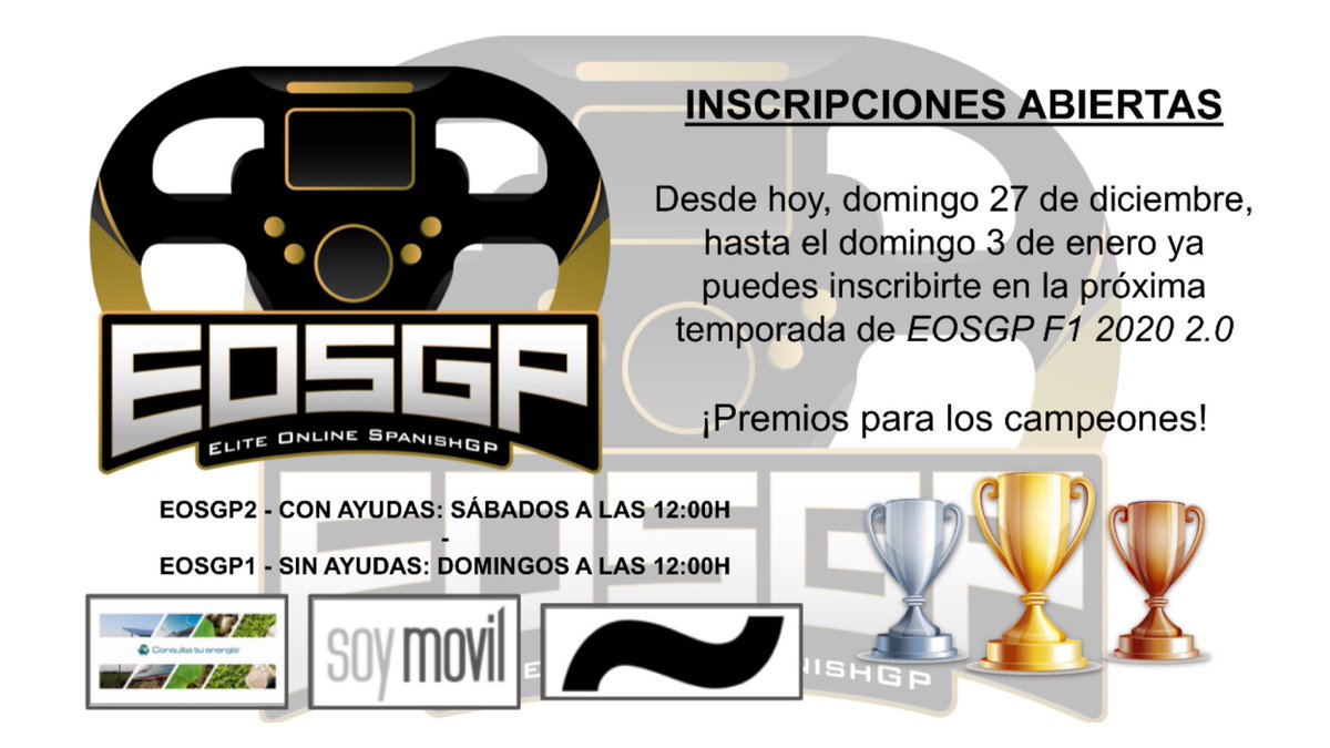 🚨 ¡¡INSCRIPCIONES ABIERTAS!! 🚨

Ya puedes inscribirte en la 2ª edición de EOSGP en Fórmula 1 2020. En esta ocasión dispondremos de 2 categorías (EOSGP1 y EOSGP2)

Más información e inscripciones… 👇🏻
🔗: forms.gle/oApgzpQQ24MpJe…