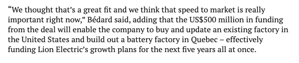 Marc Bedard (Lion  $NGA CEO), announced that they plan on buying and updating an existing factory as part of their plans. https://financialpost.com/technology/how-lion-electric-scrapped-plans-for-a-solo-ipo-jumped-on-the-spac-bandwagon-and-ended-up-with-a-us1-9b-valuation(3/14)