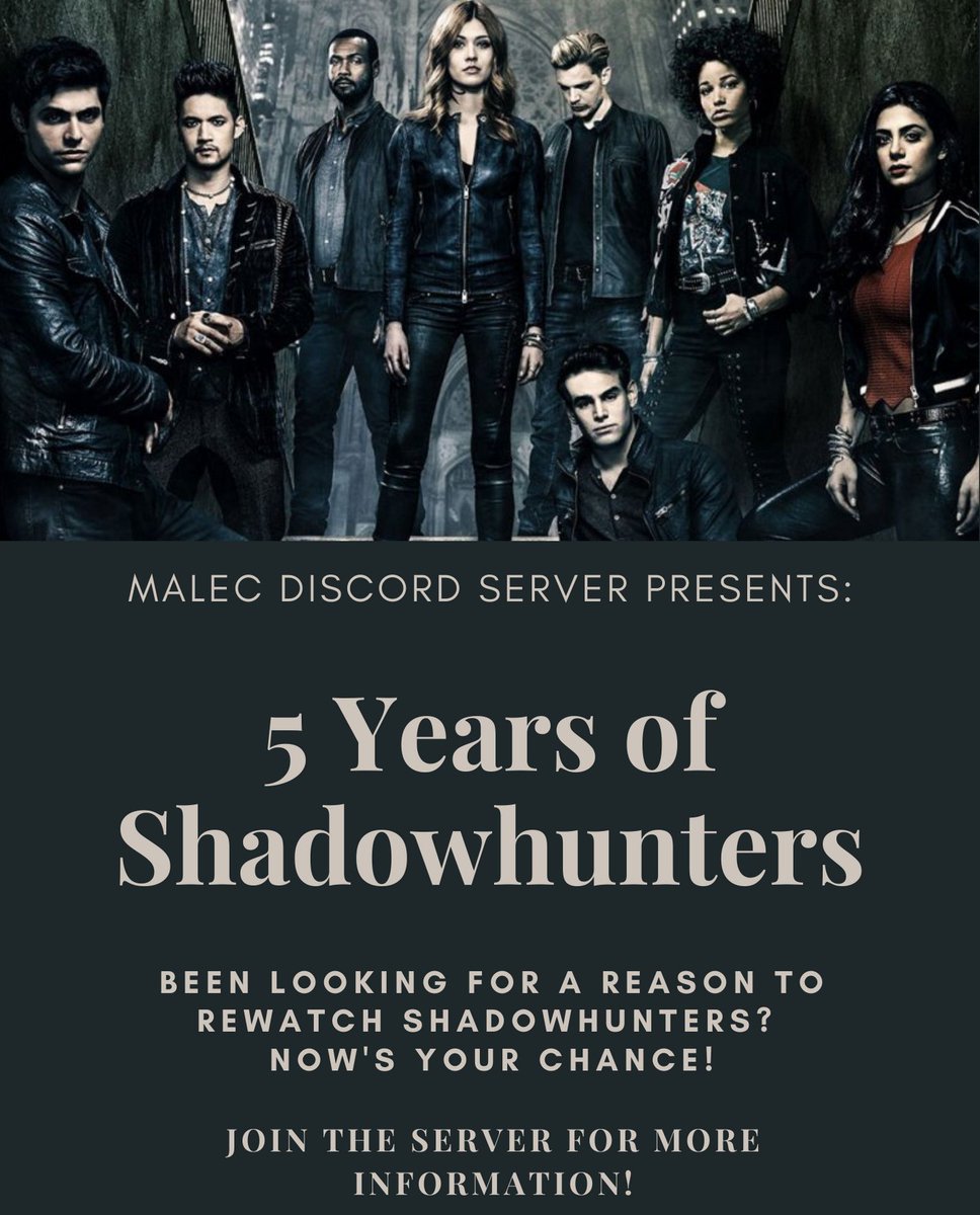MalecServer's tweet photo. Come one, come all to the Malec Server Event: 5 Years of Shadowhunters! 

We will be hosting a rewatch event on the server every week until the end of 2021. Join using the hashtags #mdsrewatch and/or #5yearsofshadowhunters! 

Tumblr for more information: https://t.co/HE47mYlGrc https://t.co/Z6LO8Hjmxt