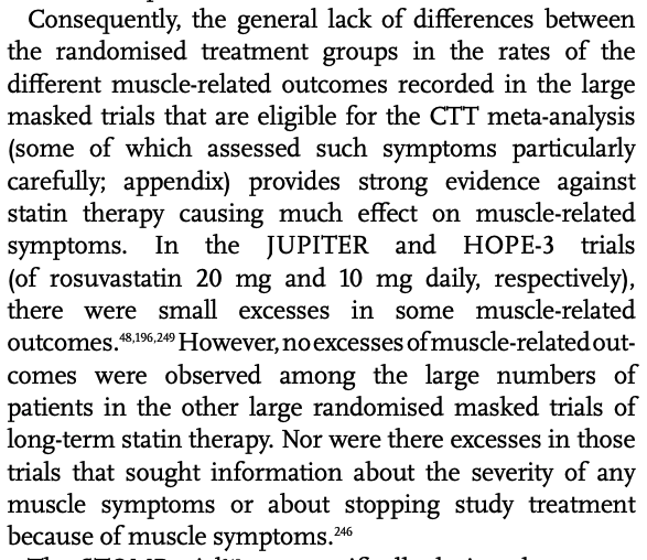 Randomized controlled trials fail to find any difference in myalgia (muscle pain) between statin-treated and placebo-treated groups, suggesting that muscle pain from statins is not due to the statins themselves but other factors such as nocebo.13/n