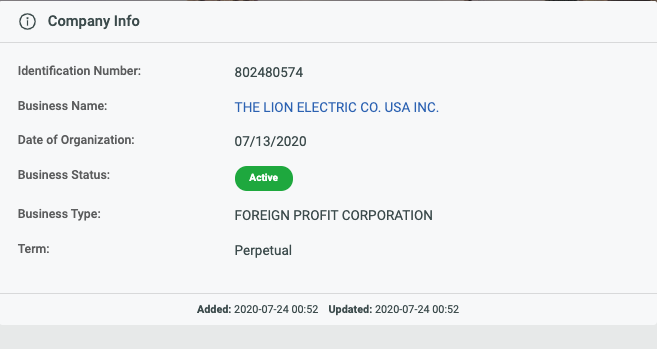 In July 2020, Lion Electric  $NGA registered a business (as foreign profit corporation) in Plymouth, Michigan. https://michigan-company.com/co/the-lion-electric-co-usa-inc(9/14)