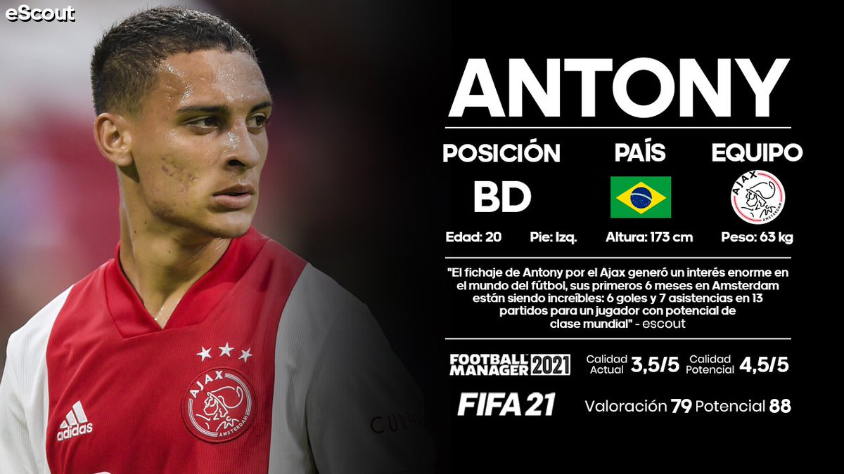 eManagerScout's tweet photo. ANTONY 🇧🇷 está siendo una de las grandes revelaciones de la temporada
La búsqueda de talento por parte del Ajax sigue con su paso triunfal y este joven jugador brasileño parece la nueva joya de la corona
Sin duda, uno de los próximos grandes talentos sudamericanos
#eScout (IV) https://t.co/xOrSunYCHu