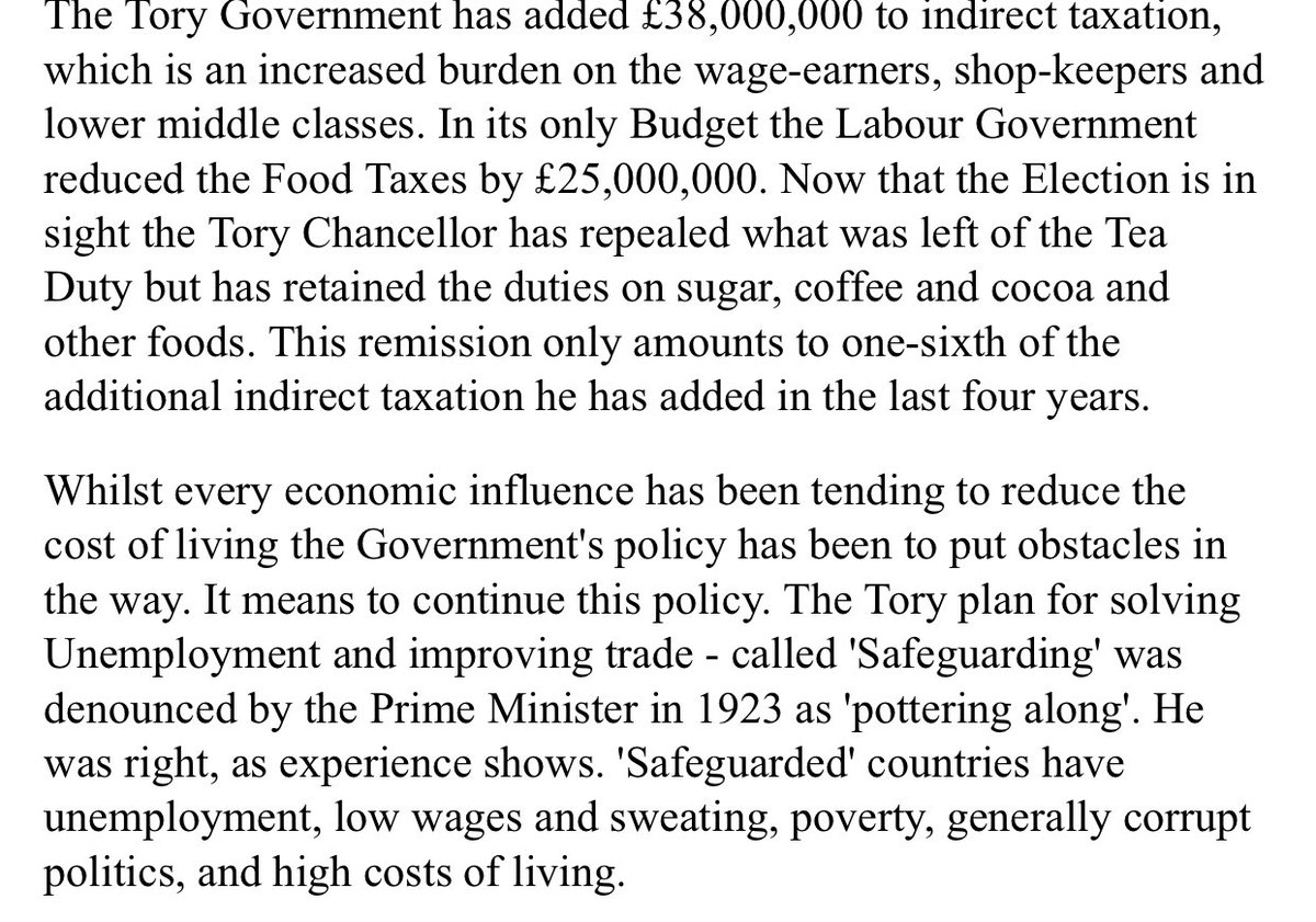 The Party’s manifesto when it won the 1929 election was damning on the Tories trade policies of the late 1920s. Tariffs were simply “indirect taxation” that hit workers. Safeguarding didn’t work.
