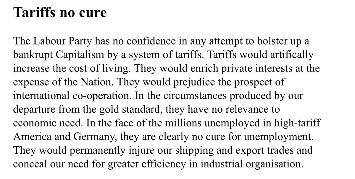 But, after the formation of the Tory dominated National Government in 1931, amid a sweeping economic crisis, protectionism won.Neville Chamberlain as Chancellor, Joe’s son, got to fulfil his father’s dream. Labour’s 1931 manifesto was firmly anti-tariff.