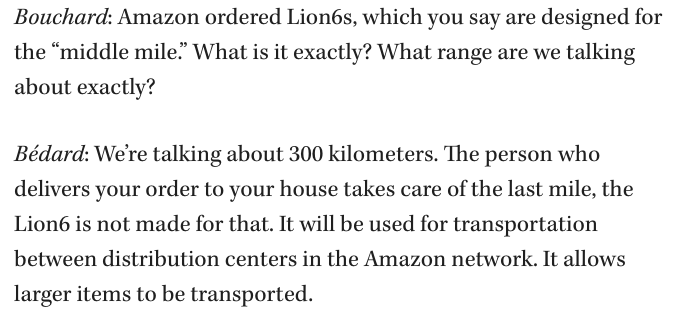 Marc Bedard (Lion  $NGA CEO) announced that the Lion6 trucks will be used for transporation between distribution centers in the Amazon network (from one warehouse to the other). https://www.trucknews.com/sustainability/lion-electric-not-afraid-to-step-into-spotlight-with-amazon-order/1003145544/(6/14)