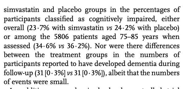 A larger study of more than 20,000 patients randomized to statin therapy or placebo showed no difference in the development of cognitive impairment or dementia over the course of 5 years.A subgroup analysis of patients aged 75-85 showed the same result.21/n