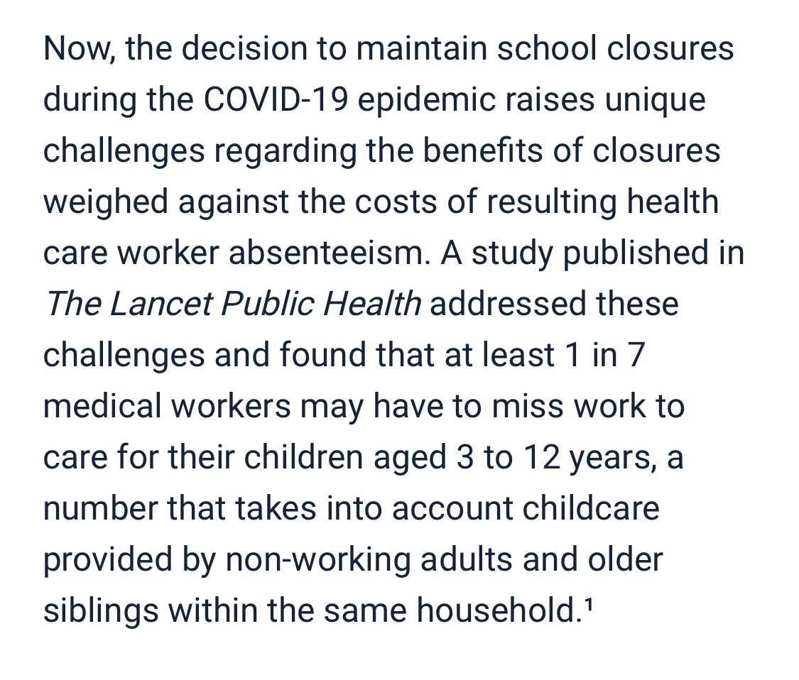Over 25% of parents have reported being pushed out of the workforce by school closures.  https://www.workingmother.com/cleo-survey-working-parents-workforce-covidWhile at least 1/7 healthcare sector employees report that school closures are responsible for absenteeism. https://www.pharmacytimes.com/news/school-closures-impact-on-health-care-workforce-may-affect-covid-19-mortality