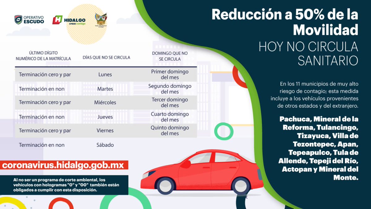 Amigos, recuerden que para reducir la movilidad y las posibilidades de contagio, en Hidalgo se ha implementado el Hoy no Circula Sanitario. No olviden que para cuidarnos debemos quedarnos en casa el mayor tiempo posible, y si es necesario salir, seguir las medidas de prevención.