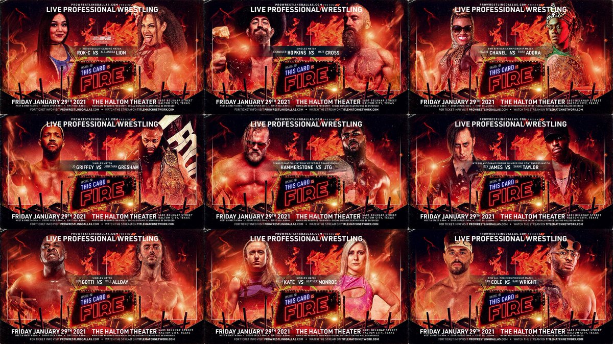 VIP_Wrestling's tweet image. Fri, Jan 29th
@alexhammerstone vs @Jtg1284 
@TheJonGresham vs @JDGriffey
@MDoggMattCross vs @TheYoungGun_CH 
@TrishAdora202 vs @RacheChanel 
@shane216taylor vs @Unholydiver27 
@Heatherisme vs @wrestlekate 
@TheRokC_ vs @Ale_TheLion

Tix: Prowrestlingdallas.com