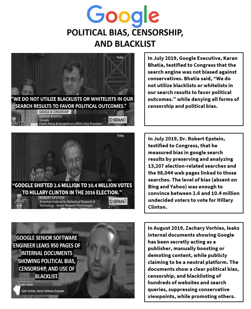 5/ Google's CEO, Sundar Pichai, & Google's Vice President, Karan Bhatia, had previously testified to Congress that the search engine wasn't "manually intervening" or "utilizing blacklist" in search results. Based on these documents, it seems like they lied to Congress.