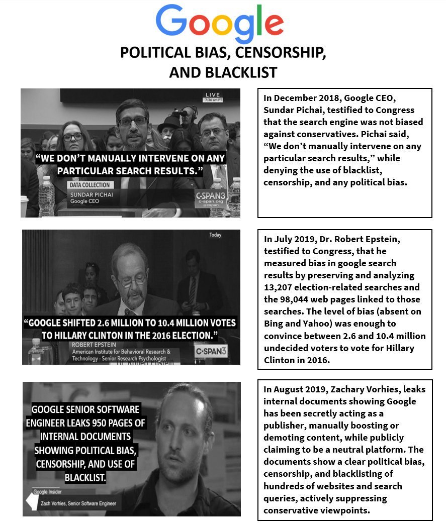 5/ Google's CEO, Sundar Pichai, & Google's Vice President, Karan Bhatia, had previously testified to Congress that the search engine wasn't "manually intervening" or "utilizing blacklist" in search results. Based on these documents, it seems like they lied to Congress.