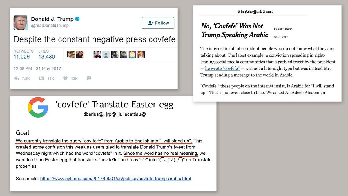 6/ In leaked documents, Google engineers even went as far as deleting a word, "covfefe" and it's meaning "I will stand up" from the Arabic dictionary in order to further their anti-Trump political agenda.