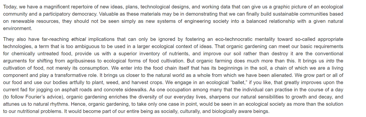 This shared emphasis between the subjective and material components of the ecological crisis is core to Bookchin's analysis. To Bookchin, a need to develop new institutions that would eliminate hierarchy was as crucial as developing new outlooks on nature