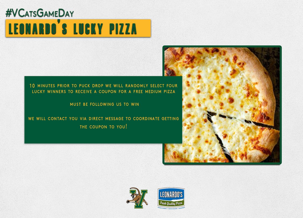 UVM Men's Hockey (@uvmmhockey) on Twitter photo Game time's almost here.... one hour until puck drop! Who’s hungry🍕?
RT this post and follow us to win! <a href="/leonardospizza/">Leonardo's Pizza</a>
#VCatsGameDay | #VCats Game time's almost here.... one hour until puck drop! Who’s hungry🍕?
RT this post and follow us to win! <a href="/leonardospizza/">Leonardo's Pizza</a>
#VCatsGameDay | #VCats
