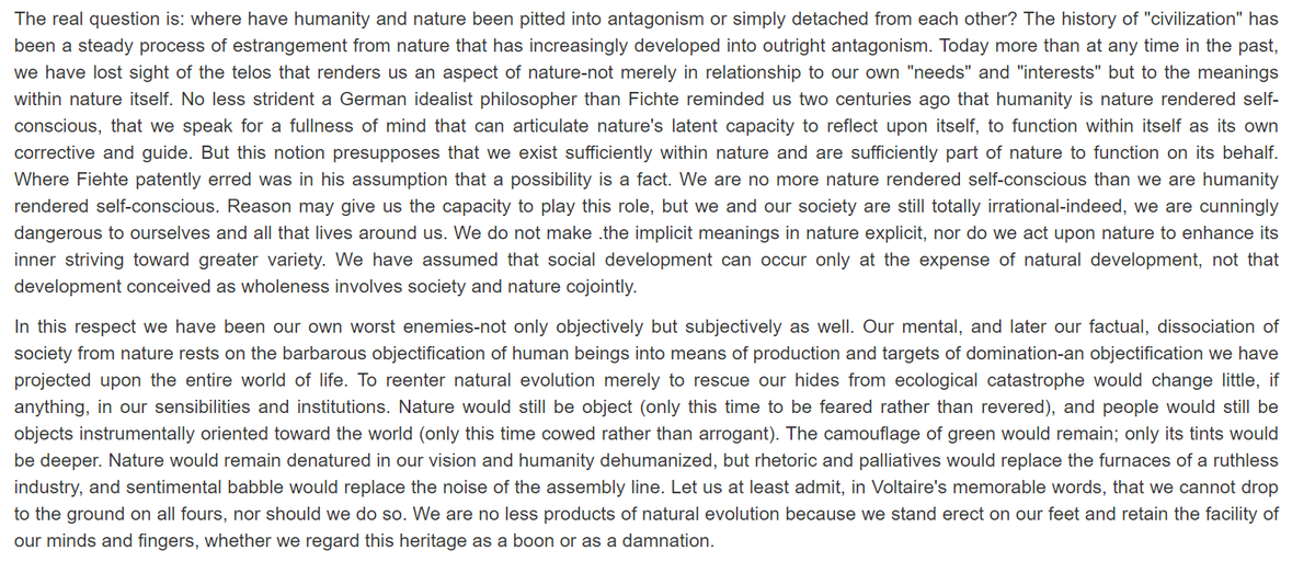 This shared emphasis between the subjective and material components of the ecological crisis is core to Bookchin's analysis. To Bookchin, a need to develop new institutions that would eliminate hierarchy was as crucial as developing new outlooks on nature