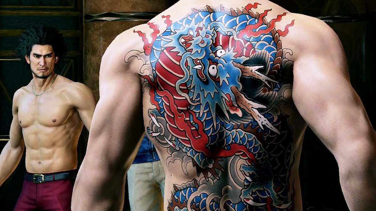 UPDATE w/ a spoiler for LIKE A DRAGONother than Ichiban, we only see one new tattoo, belonging to powerful ex-boxer Yosuke Tendohe doesn't just wear a dragon on his back--Tendo has the blue dragon SEIRYU, one of the Four Gods (四象)will we eventually face the other three?