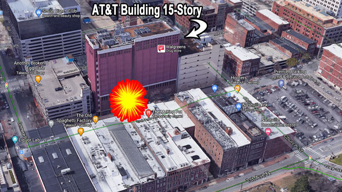 At 5:30 a.m. Central Time on Christmas Day-25 Dec2020, a massive explosion occurs at the front entrance of AT&T’s Nashville Main Central Office located at 185 2nd Ave N in Nashville-Tennessee, NSA spy hub Fairview.