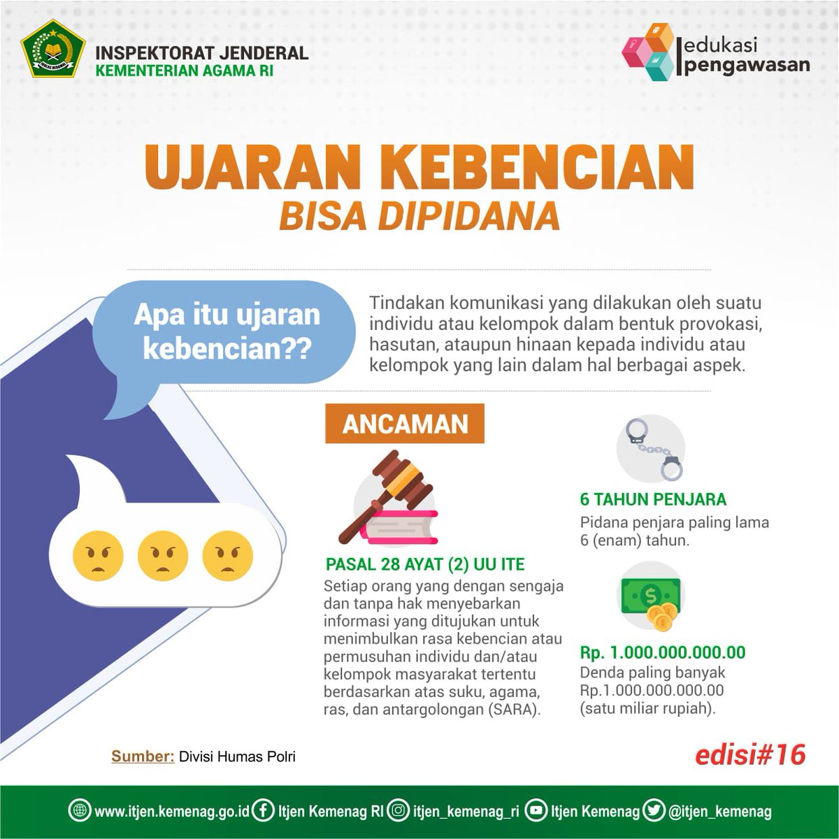 Edukasi Pengawasan Edisi #16

Sering dengar istilah "Ujaran Kebencian" kan ya?

Apa sih ujaran kebencian itu, dan ancaman dari tindakan tersebut.

Silahkan cek poster digital ini 

#ItjenKemenag 
#KemenagLebihBaik
#BersihMelayani