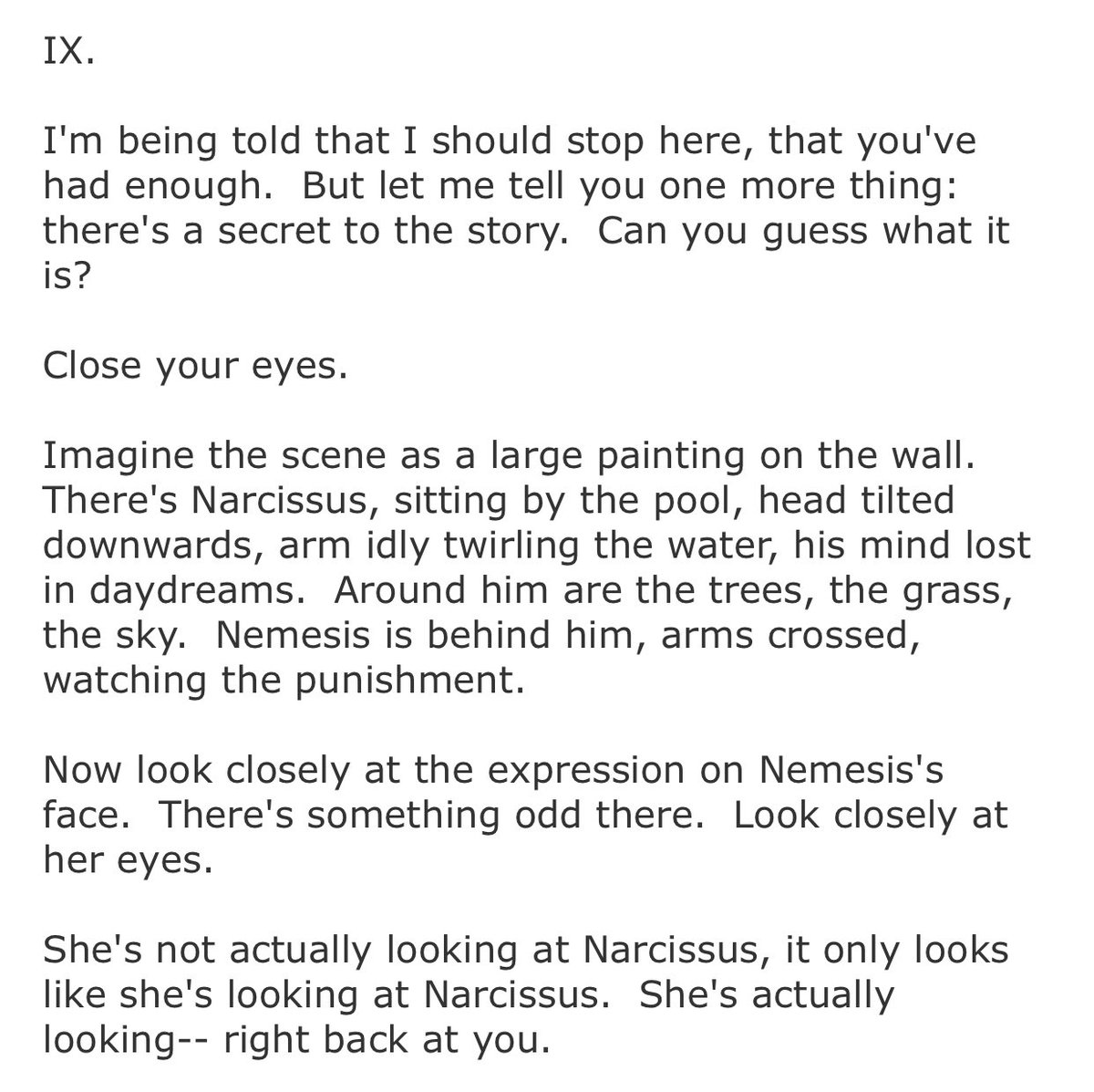 lmao "looking-- right back at you" WHAT A SHOCKING SURPRISE I WILL CHANGE MY WAYS IMMEDIATELY TELL ME WHAT TO DO O WISE ONE I DONT WANT HER LOOKING AT ME