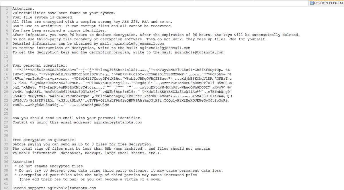 Emmanuel_ADC-Soft (@emm_adc_soft) on Twitter photo New #Scarab #Ransomware Extension: .nginxhole
Ransom note: DECRYPT FILES.TXT
Emails: nginxhole@gjessmail.com & nginxhole@tutanota.com
Cc: <a href="/malwrhunterteam/">MalwareHunterTeam</a>
@Amigo_A <a href="/BleepinComputer/">BleepingComputer</a> New #Scarab #Ransomware Extension: .nginxhole
Ransom note: DECRYPT FILES.TXT
Emails: nginxhole@gjessmail.com & nginxhole@tutanota.com
Cc: <a href="/malwrhunterteam/">MalwareHunterTeam</a>
@Amigo_A <a href="/BleepinComputer/">BleepingComputer</a>