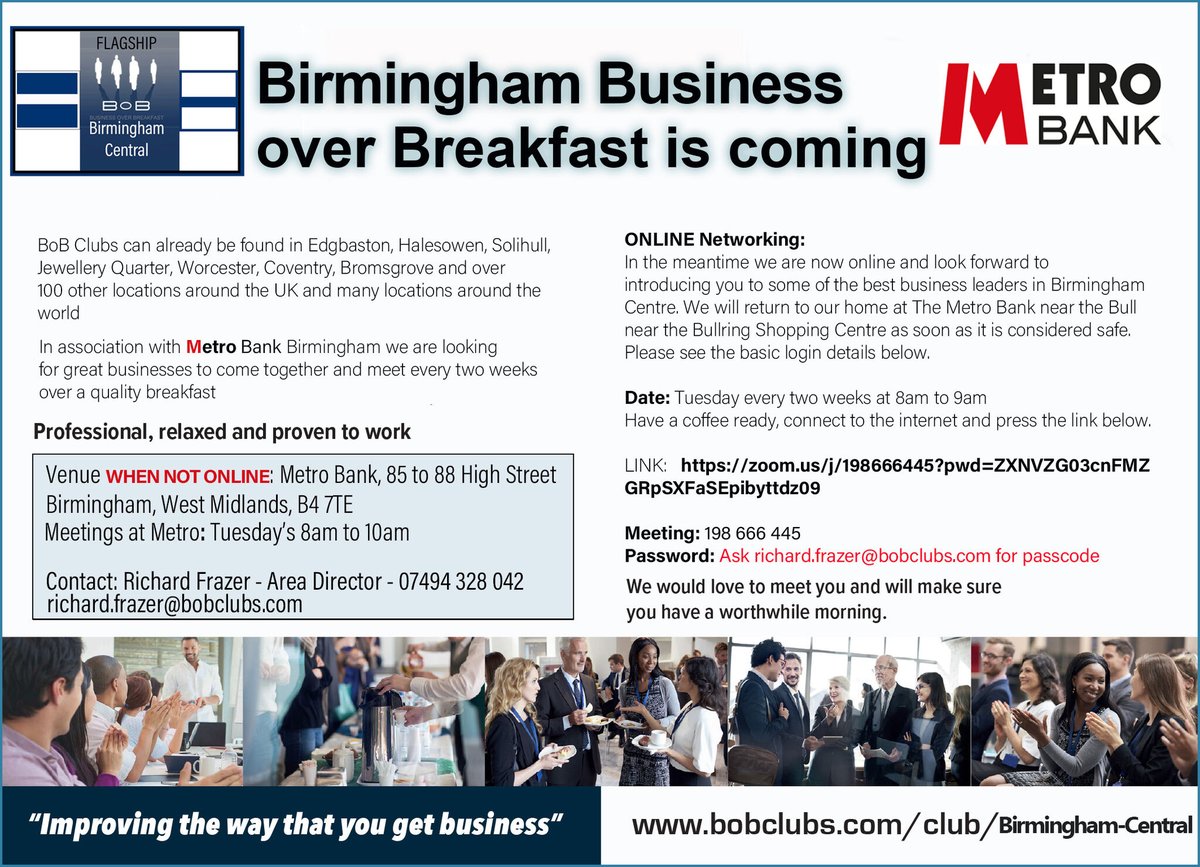 TOP_Warwick's tweet photo. An opportunity for all #brumhour businesses.
We offer free visitor attendance  to FLAGSHIP city club ONLINE. Come see best #birmingham businesses at 7:30am on Tuesday every 2 weeks. Based in the Metro Bank. Make lasting connections
https://t.co/AhwjANN4Sn @frazerr1 #sundayhour https://t.co/MT5IDlng2x